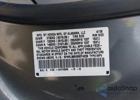 2008 Honda Odyssey Ex-L from USA, damaged, VIN 5FNRL386X8BO74239